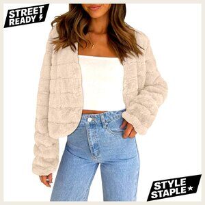 Faux Fur Cropped Jacket Long Sleeve Shaggy Warm Outerwear Fall Winter